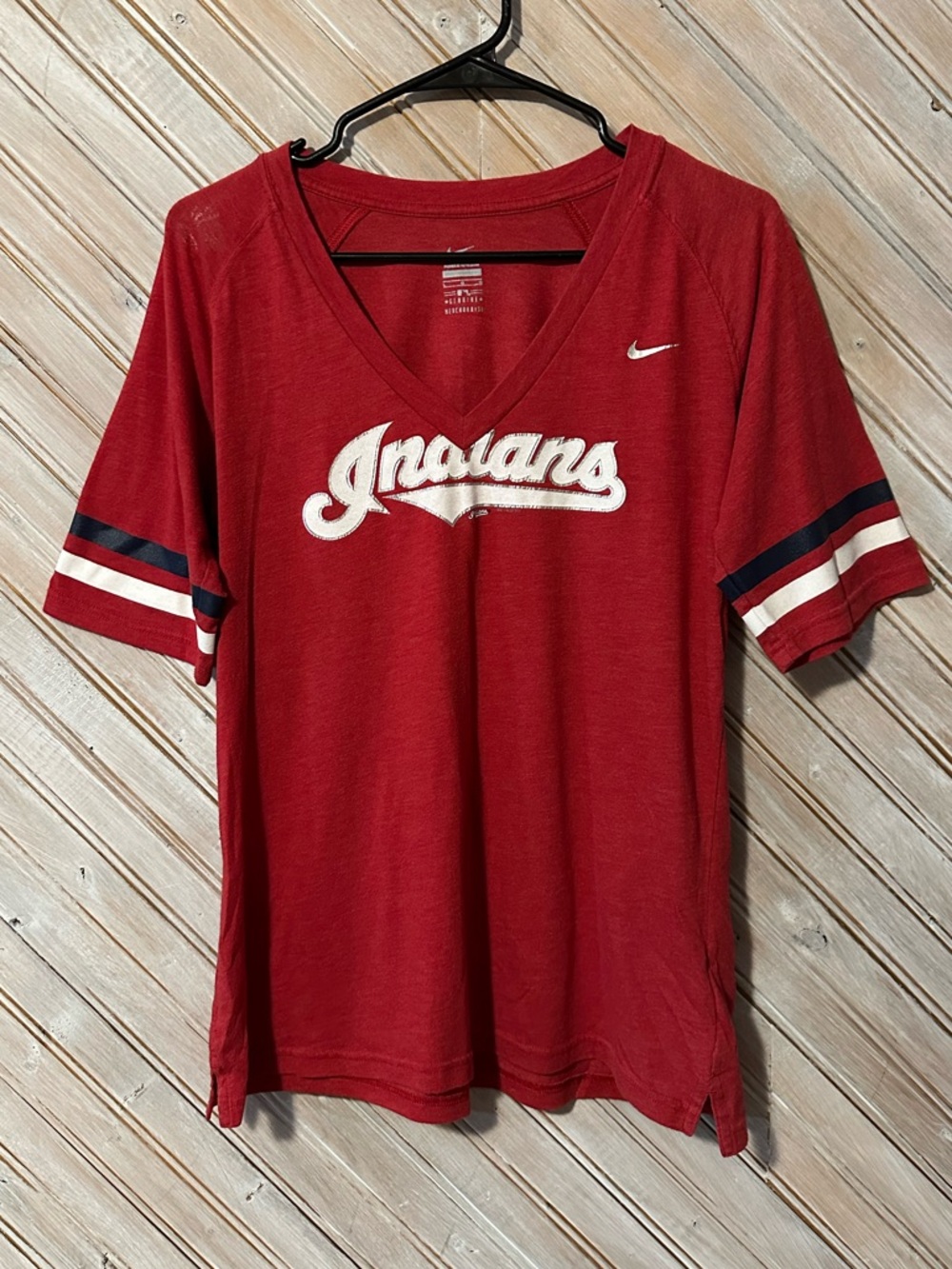 Nike Red Cleveland Indians Retro Logo V-Neck Tee Black & White Stripes